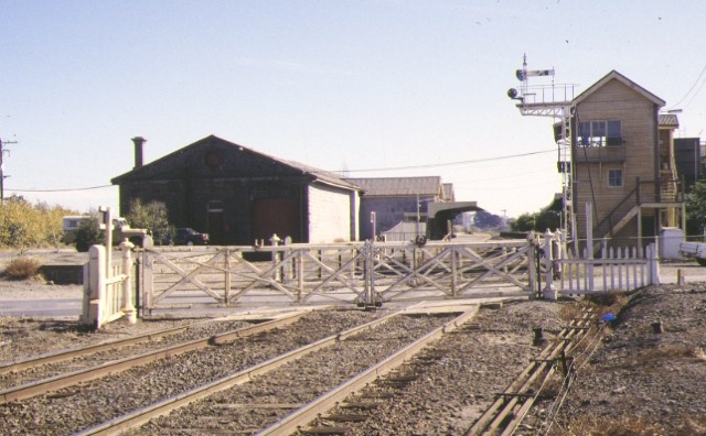 Railway Station Goods Shed &amp; Water Tower Station Street Kyneton Signal Box &amp; gates April 1994