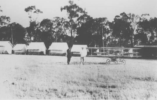 (J.T. Collins Collection, La Trobe Picture Collection, State Library of Victoria) John Moylan's 'Mt. Kororoit' estate, Melton, 1913-1914. (Houdini's plane had been housed in a similar tent a few years before.)