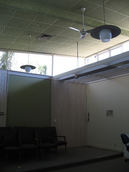 Former Shire Offices_Benalla_COuncil chamber with lights, sunshade, seats_KJ_5/9/08