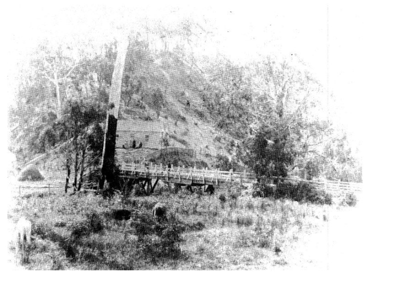 142 - Concrete Arch Bridge Hurstbridge 12 - Hurst's first bridge photograped in 1885 (ELHPC No.1012) - Shire of Eltham Heritage Study 1992