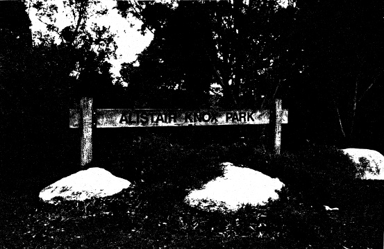 209 - Alistair Knox Park Main Rd Eltham - Photograph shows the prominently located park sign with low planting and rockwork in the foreground - Shire of Eltham Heritage Study 1992