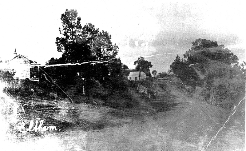 209 - Alistair Knox Park Main Rd Eltham 05 - Old photograph showing the Main Rd frontage (right hand side) of what is now the park (early 20th century?) (ELHPC No. 615) - Shire of Eltham Heritage Study 1992