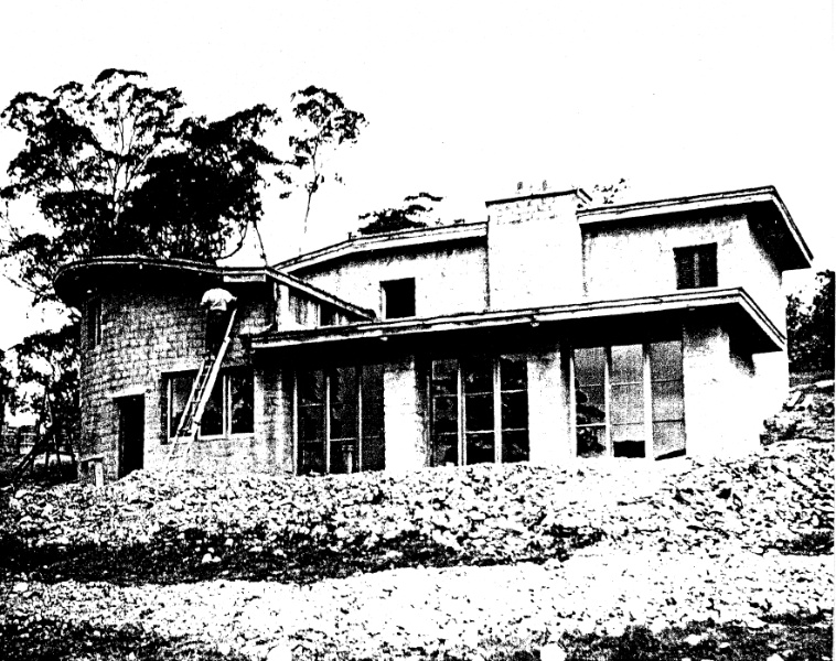 261 - The Busst House Eltham 02 - North elevation of the Busst House photographed during construction - Nore the roof deck above the ground floor living room minus its balustrade which is still to be installed - Shire of Eltham Heritage Study 1992