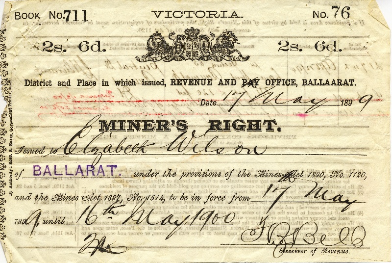 H2112 Miners Right Ballarat 1899