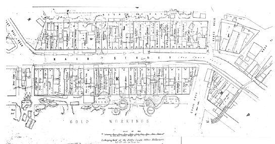 Figure 2.04: Part of Revised Plan of Blocks J, K, L &amp; M, Main Street Ballarat, 1904 copy of original lithograph, February 1858, showing concentration of buildings along Main Street, buildings overlapping into present day Porter Street, and mining equi
