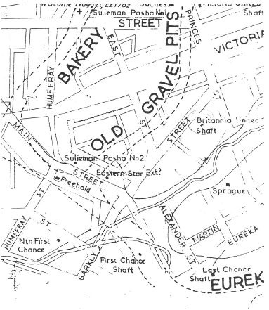 Figure 2.06: Portion of Ballarat Gold Field Map, enlarged from Geological and Topographical Survey, 1917, by W Baragwanath, showing ?Nth First Chance? mine below present day Eastwood Street in the precinct. -