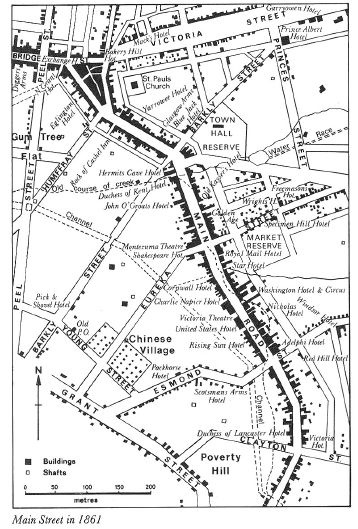 Figure 2.02: Map of Main Road in 1861 showing concentration of buildings along Main Road, two buildings in the east of the precinct, two mine shafts, the ?Old course of creek?, and the Channel along Steinfeld Street. -