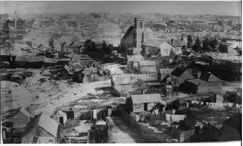 Figure 2.05: View of Bakery Hill, Ballarat, showing St Paul’s Anglican Church, c. 1868, and the diggings in the Barkly Street and Humffray Street precinct in the upper left section of the photograph.