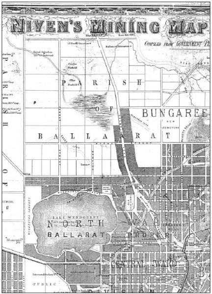 Figure 2.03: Portion of Niven?s Mining Map of Ballaarat, compiled from Government Plans and the most recent surveys of the district mining surveyors, 1870, showing Lake Wendouree, Botanical Gardens, Gregory Street (Municipal Boundary), Agricultural Show G