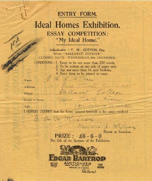 Figure 2.15: G H B McLean of Ballarat College was 1st Prize Winner in the Ideal Homes Exhibition Essay Competition. - Ballarat Heritage Precincts Study, 2006