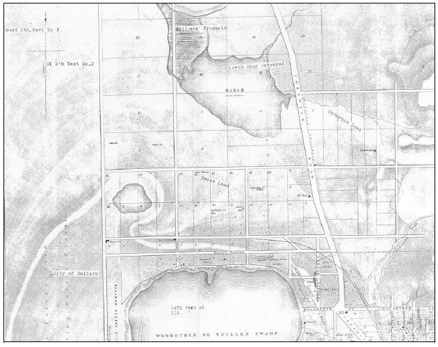 Figure 2.01: Portion of map of Ballarat, J Brache, October 21, 1861, showing Yuille's Swamp (Lake Wendouree), Public Garden Reserve, leads and shafts north of the lake, Gregory Street (Municipal Boundary), Agricultural Reserve, and Cricket Ground. - Balla