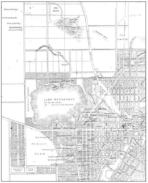 Figure 2.02: Portion of Map of Ballaarat and Sebastopol, compiled and engraved from official and original mining surveys by John L Ross, 1868, showing Lake Wendouree, Botanical Gardens, Gregory Street Municipal Boundary), and leads and shafts north of the