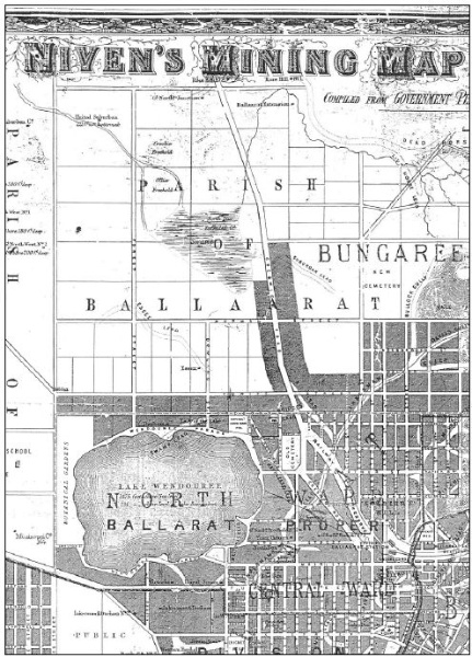 Figure 2.03: Portion of Niven's Mining Map of Ballaarat, compiled from Government Plans and the most recent surveys of the district mining surveyors, 1870, showing Lake Wendouree, Botanical Gardens, Gregory Street (Municipal Boundary), Agricultural Show G