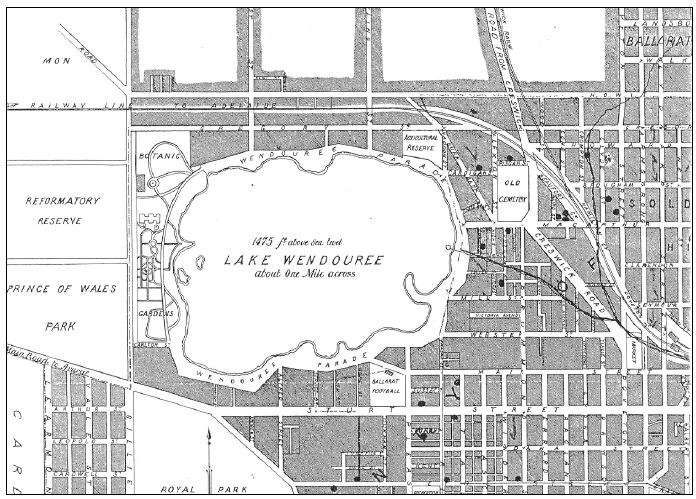Figure 2.04: Portion of Ballarat Litho &amp; Ptg. Cos. Electoral Map of Ballarat, 1916, showing Lake Wendouree, Botanic Gardens, and Agricultural Reserve. Cottage Gardens are indicated on the map with a ???. - Ballarat Heritage Precincts Study, 2006
