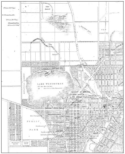 Figure 2.02: Portion of Map of Ballaarat and Sebastopol, compiled and engraved from official and original mining surveys by John L Ross, 1868, showing Lake Wendouree, Botanical Gardens, Gregory Street (Municipal Boundary), and leads and shafts north of th