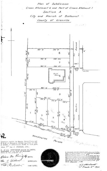 Figure 2.08: LP16147, Plan of Subdivision, 18 February 1941, showing the subdivision of 8 allotments, including the large brick house that once fronted onto Wendouree Parade. - Ballarat Heritage Precincts Study, 2006