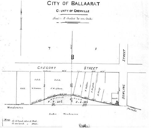 Figure 2.12: Portion of Map, City of Ballarat, County of Grenville, 1882. Note the outline of Hassell?s dwelling at the corner of Wendouree Parade &amp; Dowling Street. - Ballarat Heritage Precincts Study, 2006