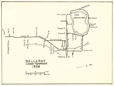 Figure 2.04: Ballarat Horse Tramways, 1904, showing depot and tram stop north of Lake Wendouree. - Ballarat Heritage Precincts Study, 2006