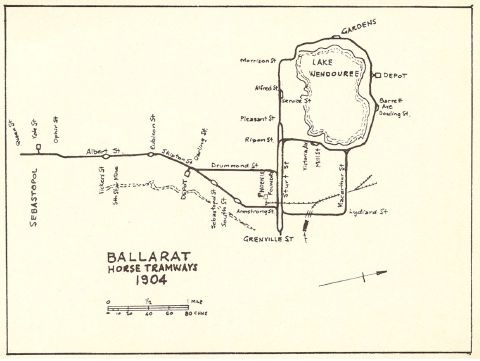 Figure 2.04: Ballarat Horse Tramways, 1904, showing depot and tram stop north of Lake Wendouree. - Ballarat Heritage Precincts Study, 2006