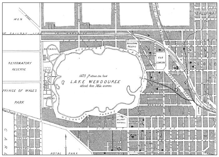 Figure 2.07: Portion of Ballarat Litho &amp; Ptg. Cos. Electoral Map of Ballarat, 1916, showing Lake Wendouree, Botanic Gardens, and Agricultural Reserve. Cottage Gardens are indicated on the map with a ???. - Ballarat Heritage Precincts Study, 2006