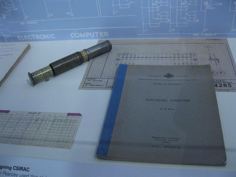 PROV H2217 CSIRAC material on display including slide rule and M. Beard publication