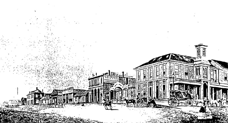 Craigs Royal Hotel02 - Lydiard St 1859 with the first wing (1853) behind a 'Turkish' Canopy and the two storey apparently prefabricated timber section (late 1853). At left is a two storey building, the now only extant building shown in this picture (42 Ly