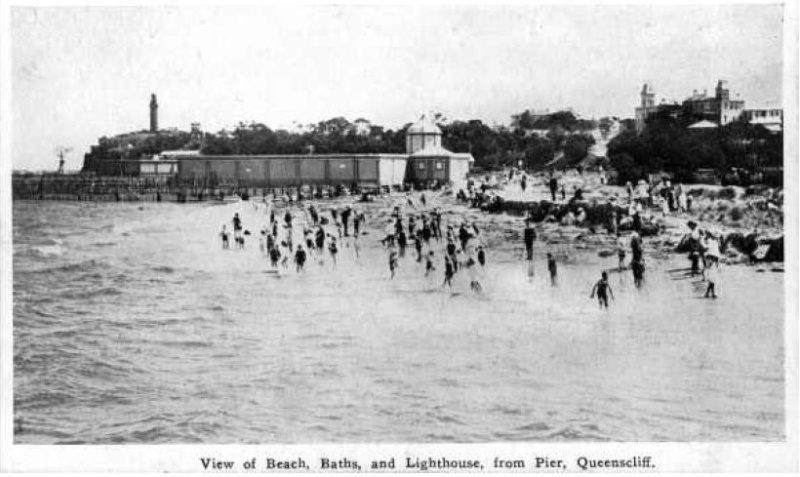 View of Beach, Baths &amp; Lighthouse from Pier c. 1915. Source: SLV, (pc000280)