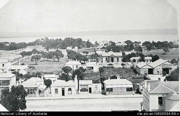 Hesse St from Baillieu's Tower c. 1880 showing the original 1870s entrance portico circled. Source: National Library Australia, ref: an10608594-69