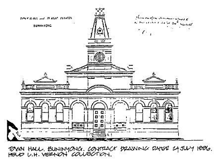 No30. Buninyong Shire Hall - Town Hall Buninyong contract drawing dated 24 July 1886 held L.H. vernon Collection - 1983 Buninyong Conservation Study