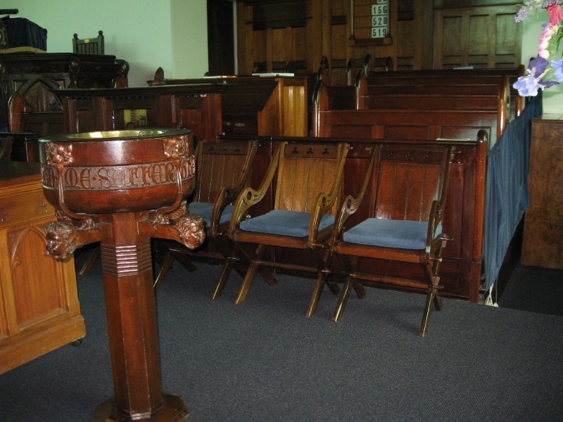 124816 Presbyterian Church Malvern font and chairs in sanctuary 2010