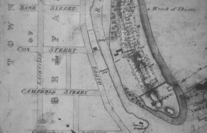 1850 plan of Port Fairy showing two store buildings on eastern bank-also depicting surveyed subdivision of Belfast East.