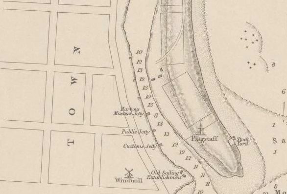 1854 plan of Port Fairy showing three stores on east bank of the Moyne River