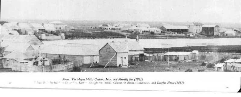 Ca. 1860 photography of Port Fairy, facing NW across Moyne, showing Rutledge stores on eastern bank in foreground