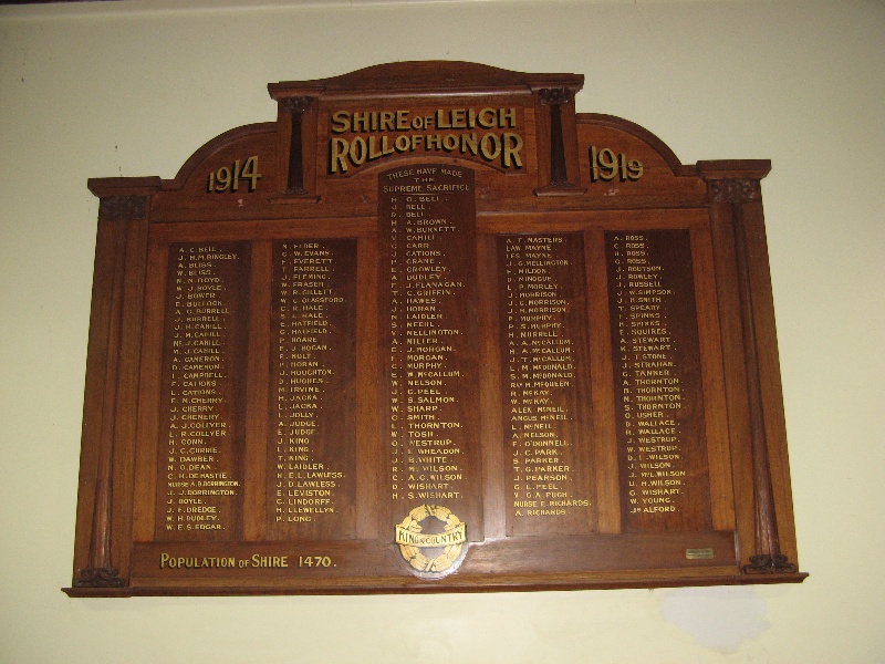 Former Leigh Shire Hall WWI Honour Board