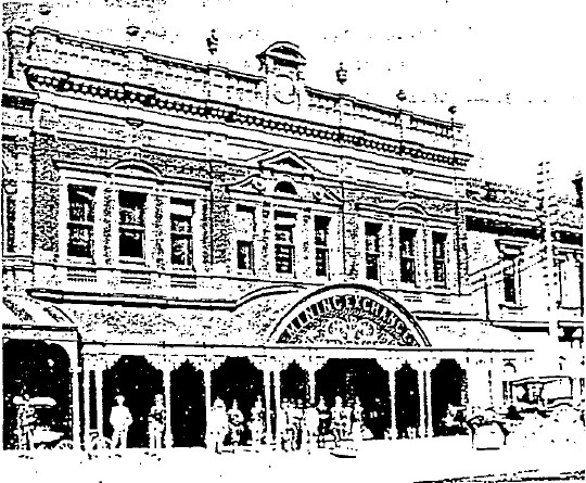 Mining Exchange05 - Lydiard Street elevation c.1900. Apart from the clear view of the verandah, the photo also shows the single storey verandah of the Old Colonist's Hall to the north - Ballarat Conservation Study, 1978