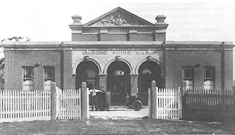 Shire of Marong Hall c. 1908 (Source: Mike Butcher and Gill Flanders, Bendigo Historic Buildings, National Trust of Australia. p. 167).