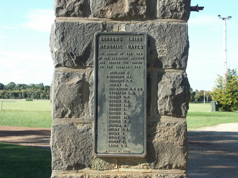 War Memorial Gates at entrance to Recreation Reserve.