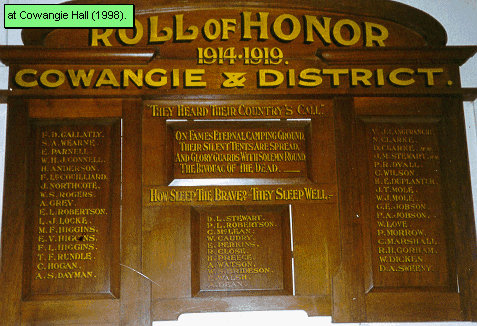 Cowangie Hall Honour Roll (First World War)