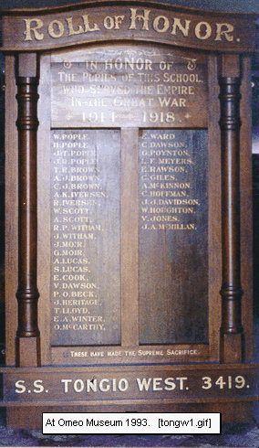 Tongio West State School Honour Roll (First World War)