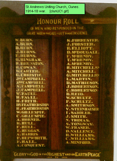 Clunes Uniting Church Honour Roll (First World War)