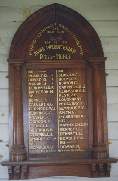 Alvie Presbyterian Church Honour Roll (First World War)