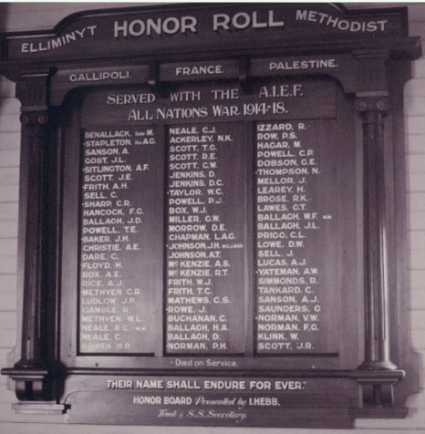 Elliminyt Methodist Church Honour Roll (First World War)