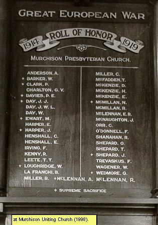 Murchison Presbyterian Church Honour Roll (First World War)