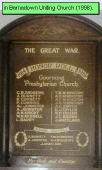 Goornong Presbyterian Church Honour Roll (First World War)