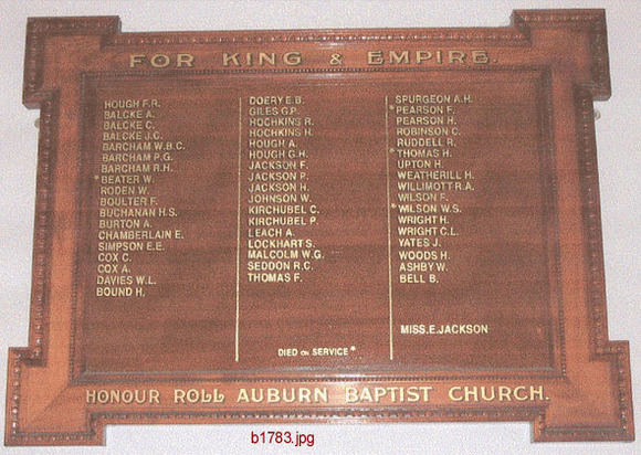 Auburn Baptist Church Honour Roll (First World War)