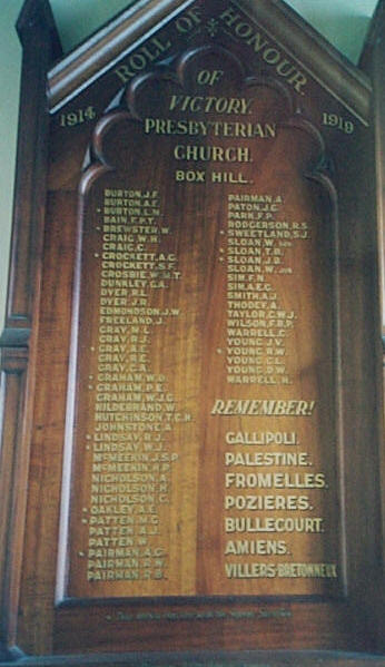 Box Hill Presbyterian Church Honour Roll (First World War)