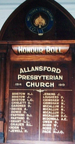 Allansford Presbyterian Church Honour Roll (First World War)