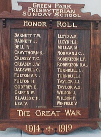 Green Park Presbyterian Sunday School Honour Roll (First World War)