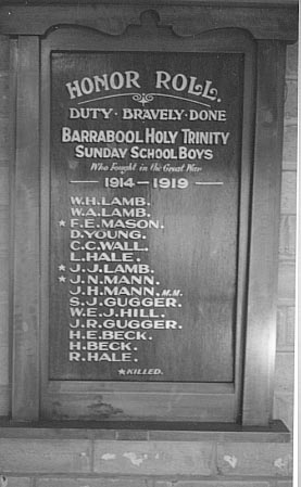 Barrabool Holy Trinity Sunday School Honour Roll (First World War)