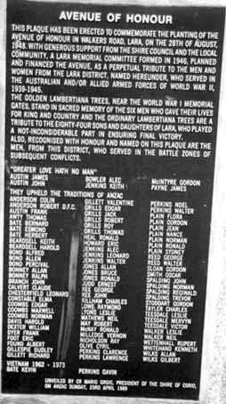 Lara Ave of Honour Honour Roll (Plaque) (Second World War)